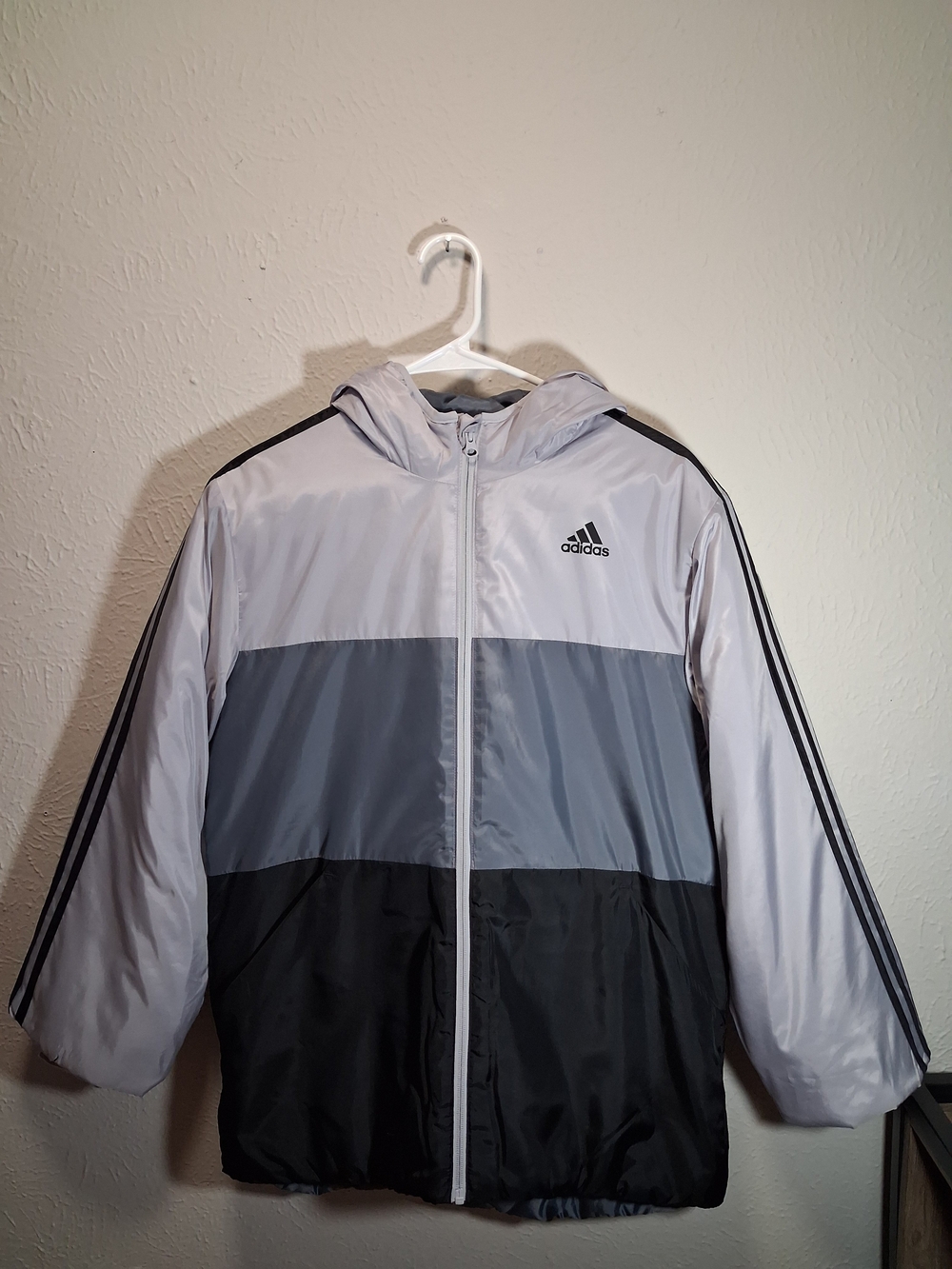adidas Men’s Hooded Colorblock Windbreaker in White, Gray & Black